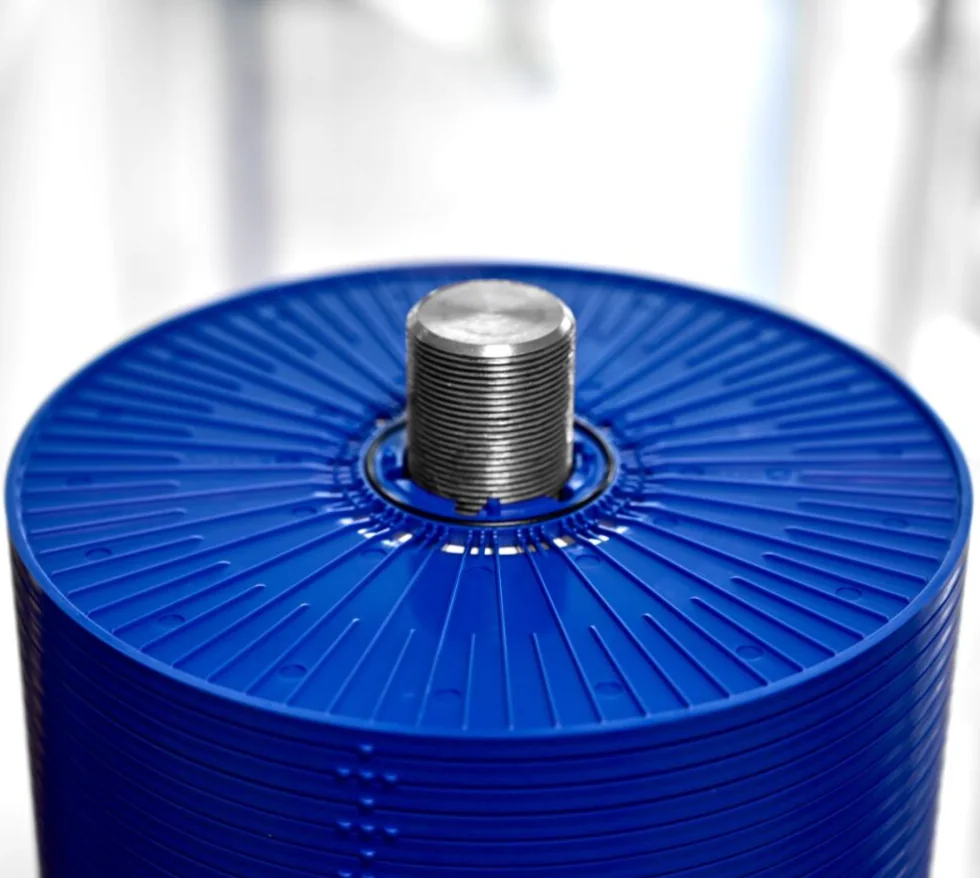 3D product render of a Rotreat membrane disc stack with blue hydraulic discs and central tie rod