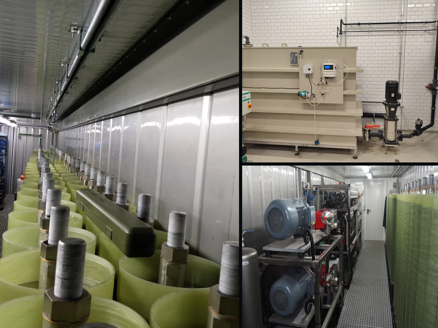 Photo collage of real equipment: RCDT modules in a container, a Voigtländer disinfection tank with chlorine measurement and pump, and Rotreat high-pressure pumps