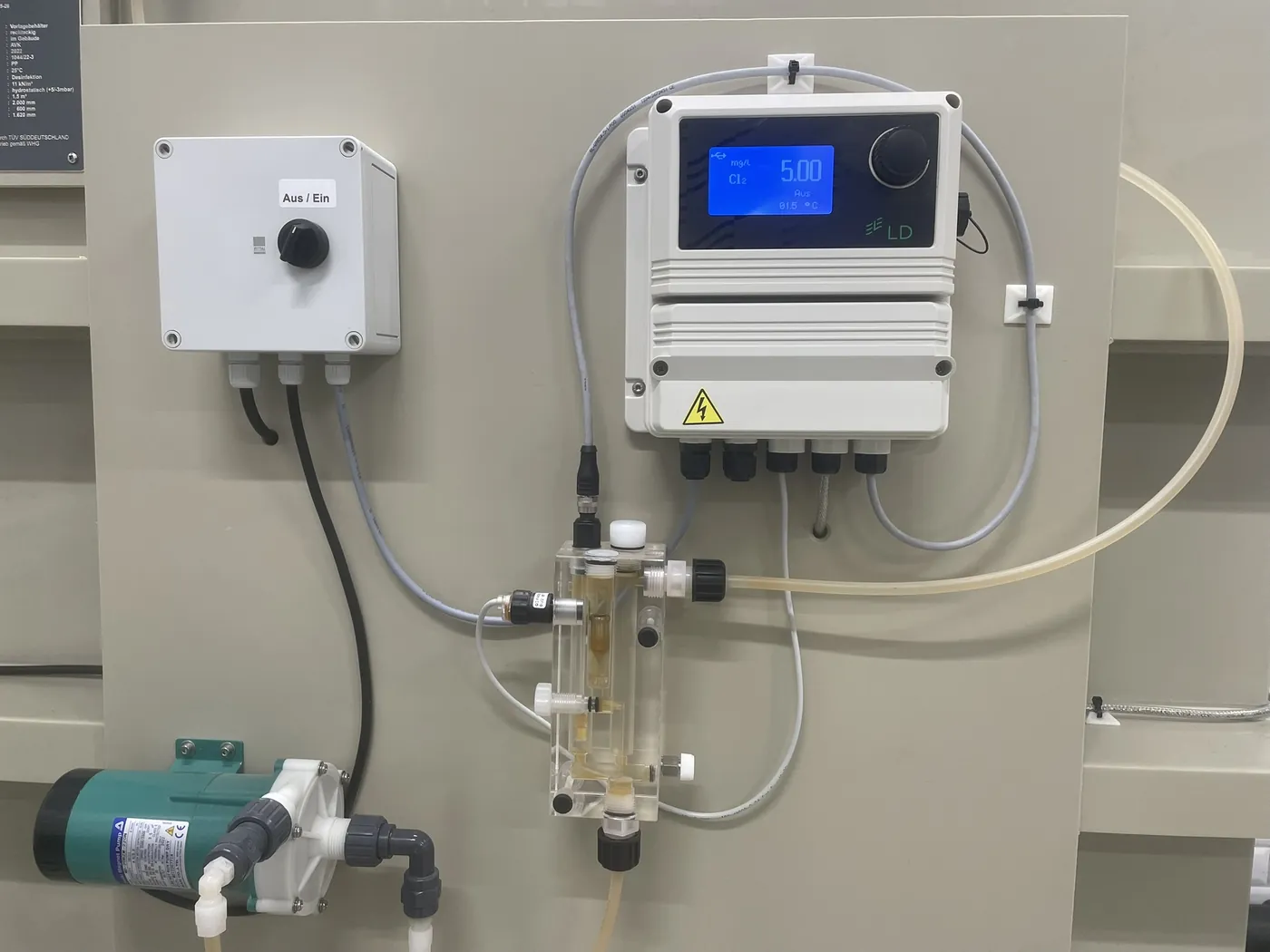 Measurement panel with controller and flow cell for chlorine, pH and redox