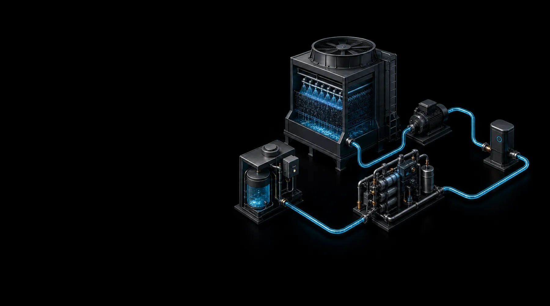 Three-dimensional rendering of a cooling tower with treatment modules, pump and piping in a closed water circuit