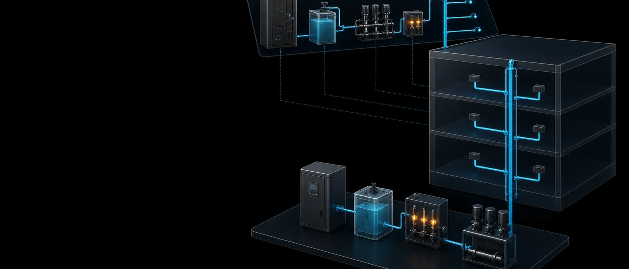 Three-dimensional representation of a drinking water system incorporating dosing technology and distribution across several storeys of a building