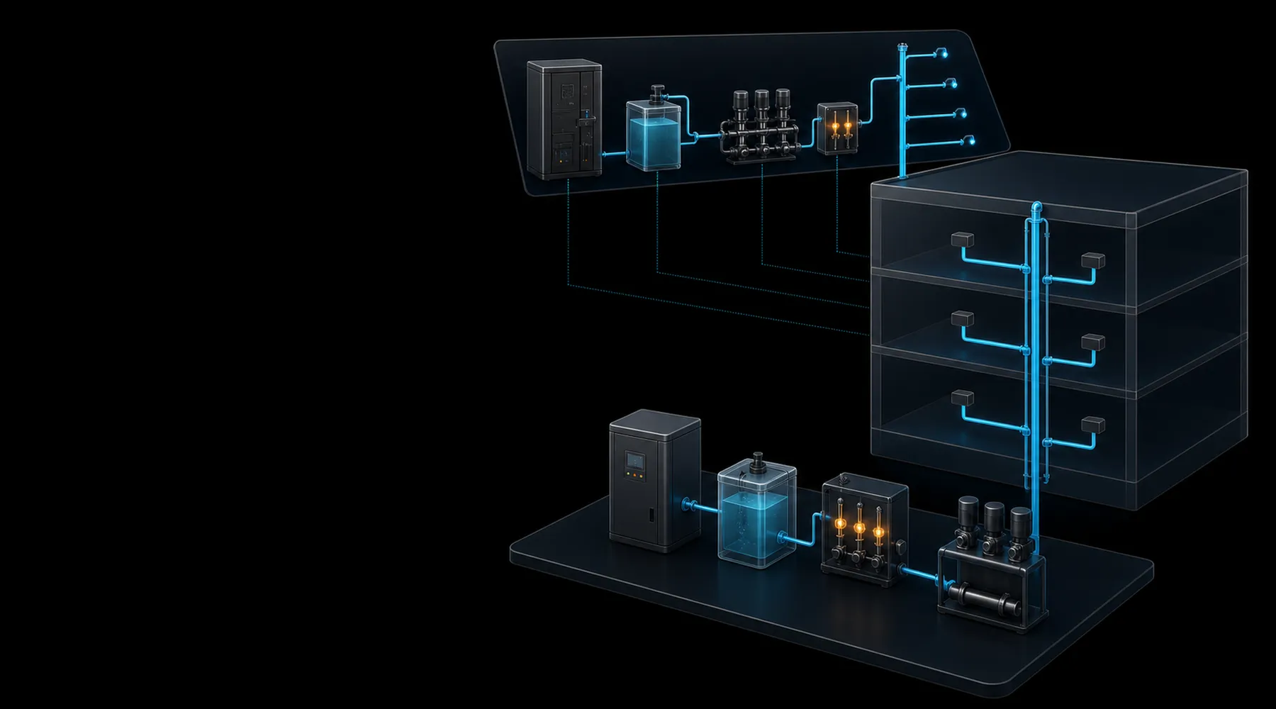 Schematische 3D-Darstellung einer Trinkwasserinstallation in einem mehrgeschossigen Gebäude mit Anlagentechnik für die Wasserhygiene