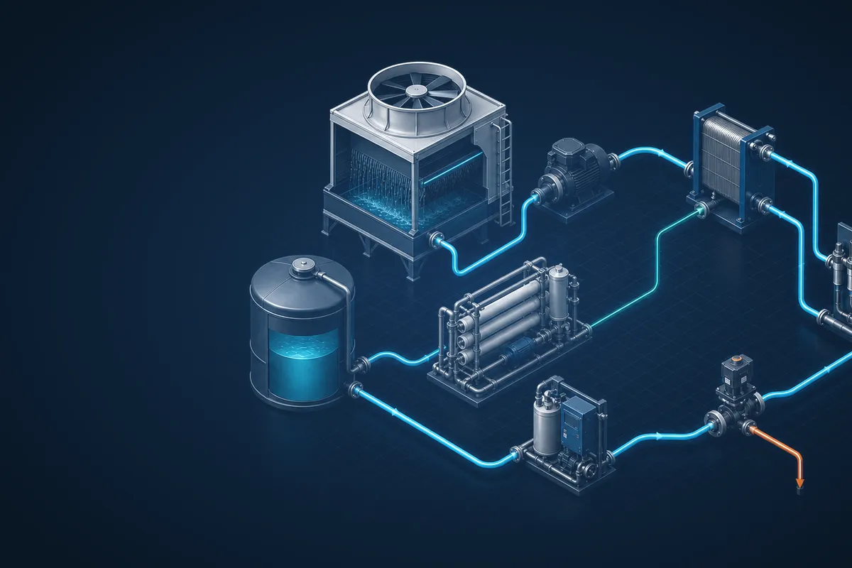 Industrial water cycle with pipework, plant modules and measurement technology