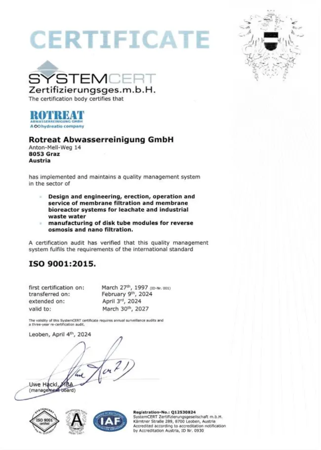 Zertifikat ISO 9001:2015 der SystemCERT für Rotreat Abwasserreinigung GmbH, Graz, gültig bis 30.03.2027