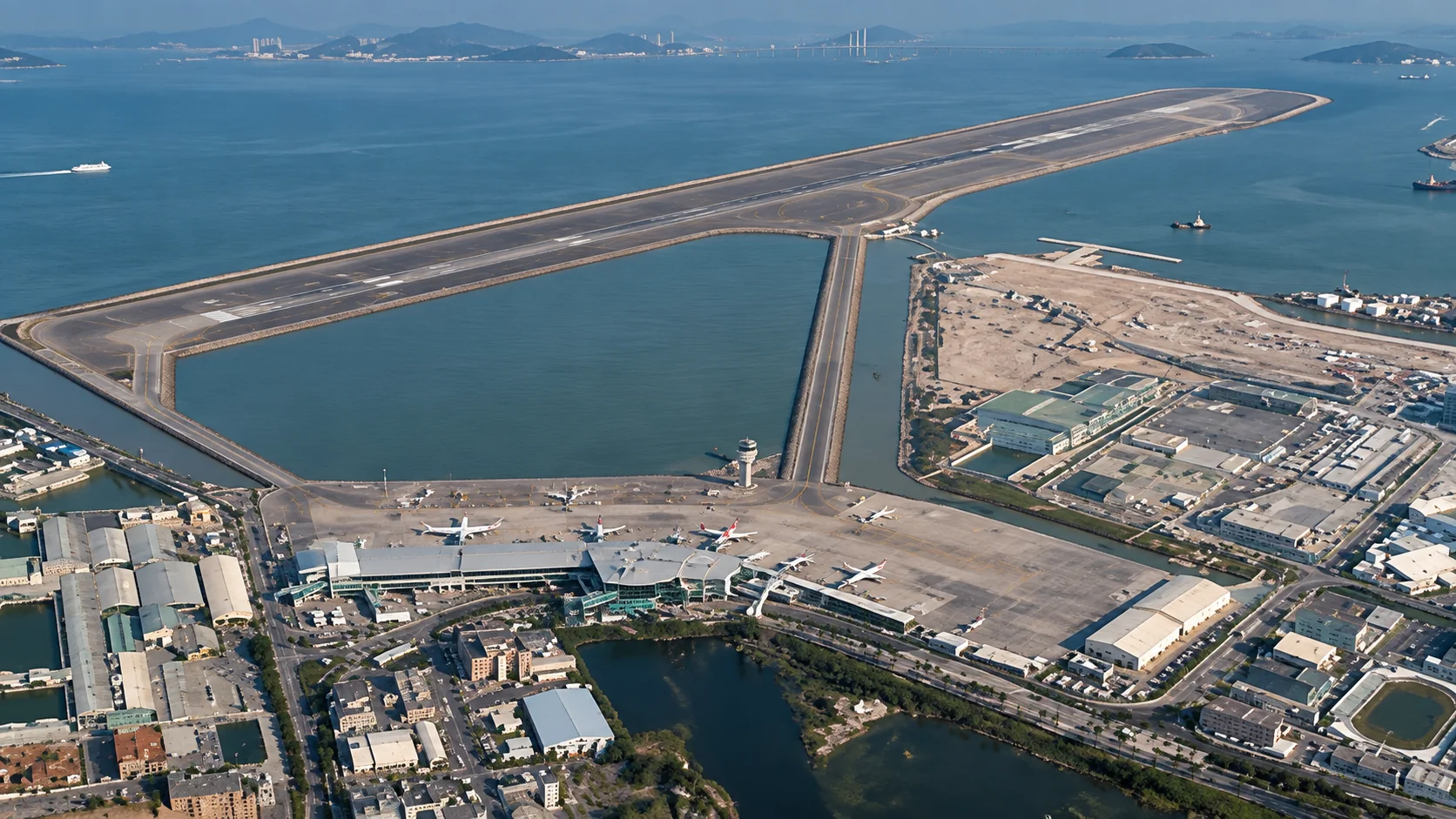 Aerial view of Macau International Airport with the runway on the water