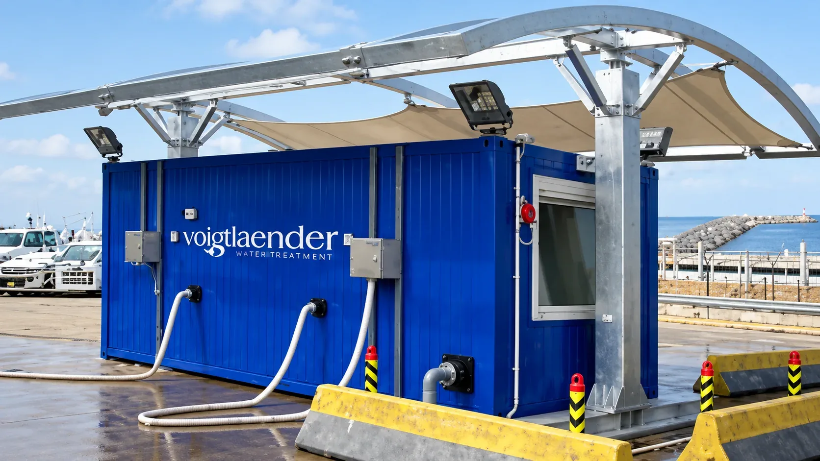 Blaue Voigtländer Containeranlage am Flughafen Macau